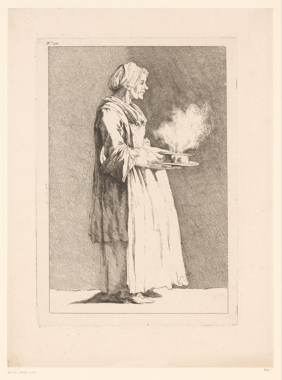 Karikatyr av en kvinna med måltid Karikatyrer efter J. Saly (serietitel) Recueil de caricatures dessinées Par J. Saly et Gravées par A.L. DeLalive D.J. (serietitel) av Ange Laurent de, marquis de Rémoville Lalive