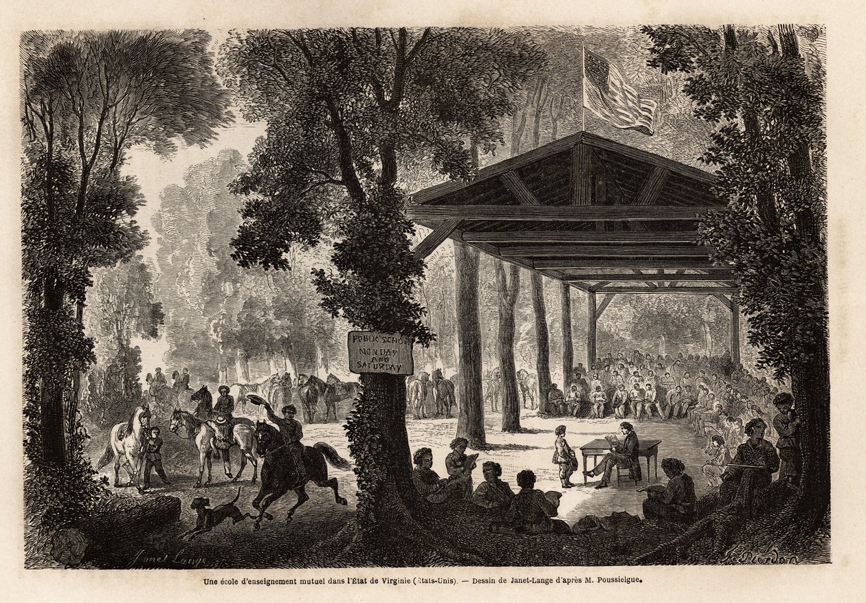 En skola för ömsesidig utbildning, i en skog i Virginia (USA), teckning av Janet Lange, för att illustrera ett besök i grottan i Mammoth, Kentucky, 1859, av M. Pousselgue. Gravyr i "" Le tour du monde", redigerad av Edouard Charton av Ange Louis Janet