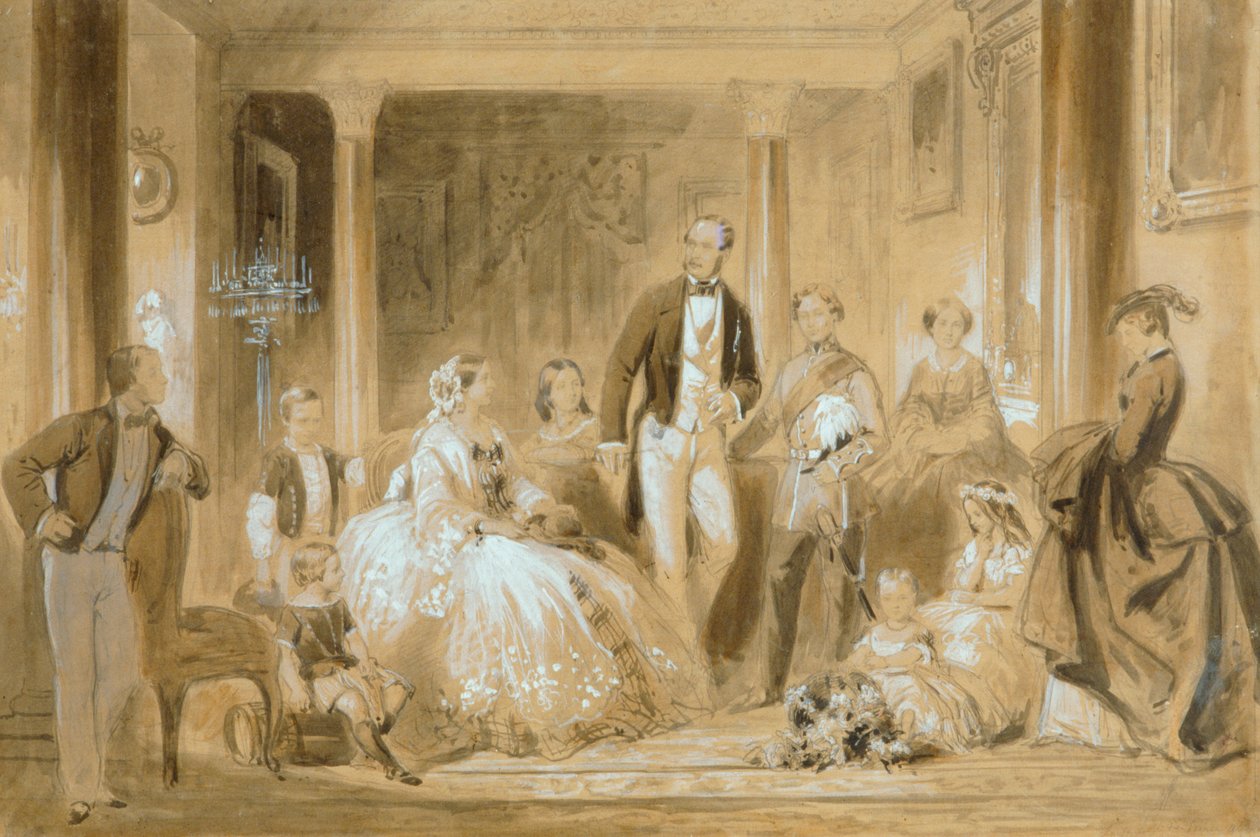 Kunglig familj i matsalen på Osborne House (penna med tvätt på papper) av Ange Louis (1815 72) Janet