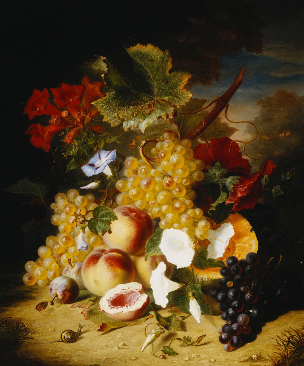 Persikor, vindruvor, en melon, konvulvuli och andra blommor i ett landskap, av Ange Louis Guillaume Lesourd Beauregard