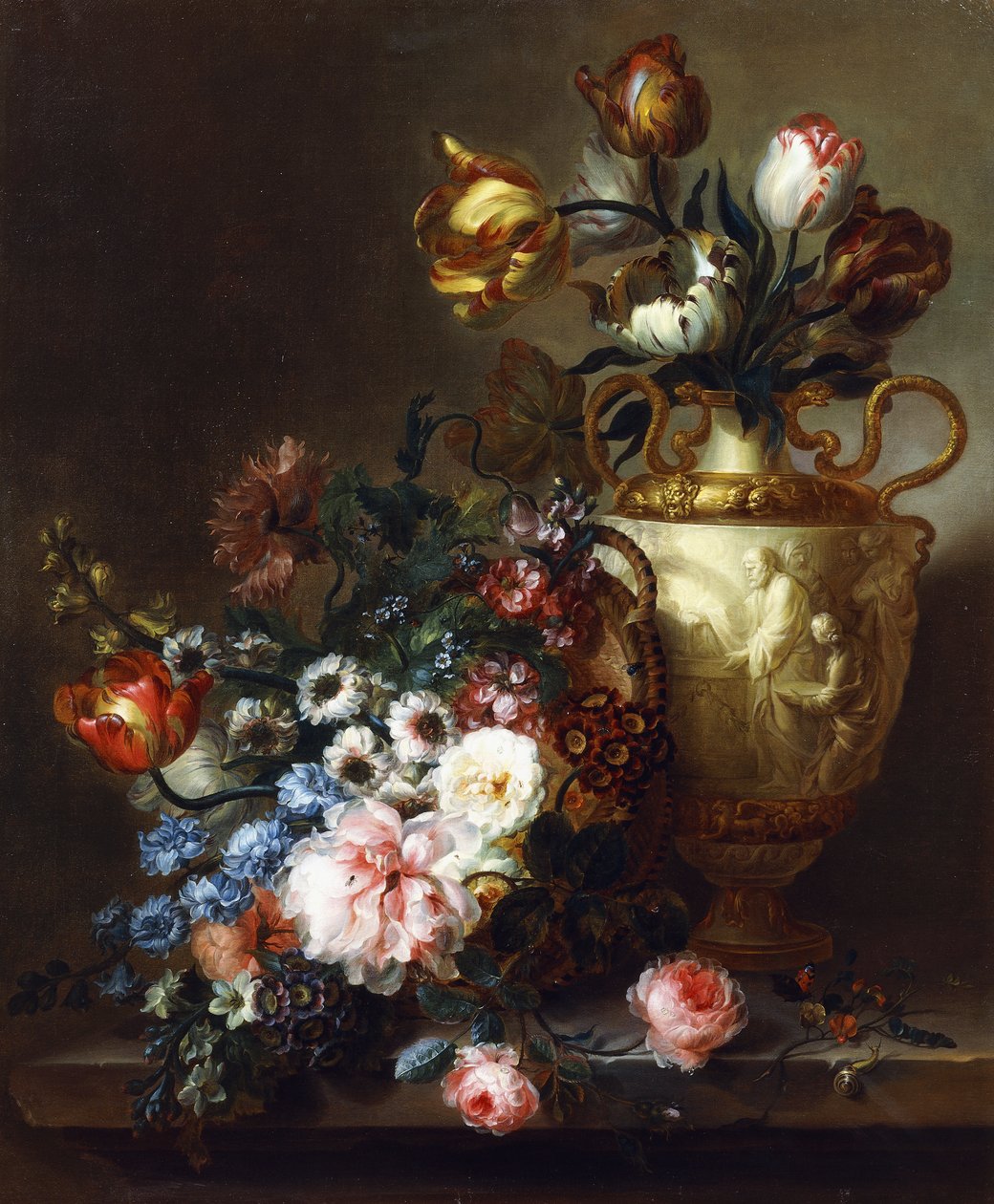 Tulpaner i en vas och rosor i en korg på en stenavsats, av Ange Louis Guillaume Lesourd Beauregard