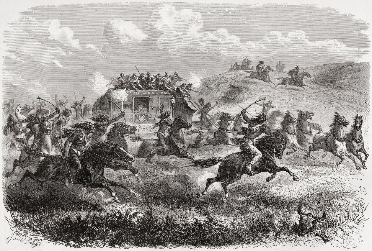 Indianer attackerade en transkontinental diligens 1867, illustration från 