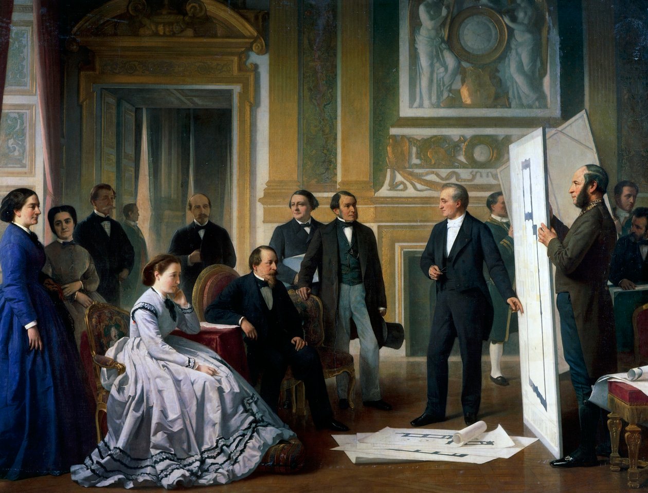 Arkitekten presenterar de nya planerna för Louvren för Napoleon III och Eugenie av Ange Tissier