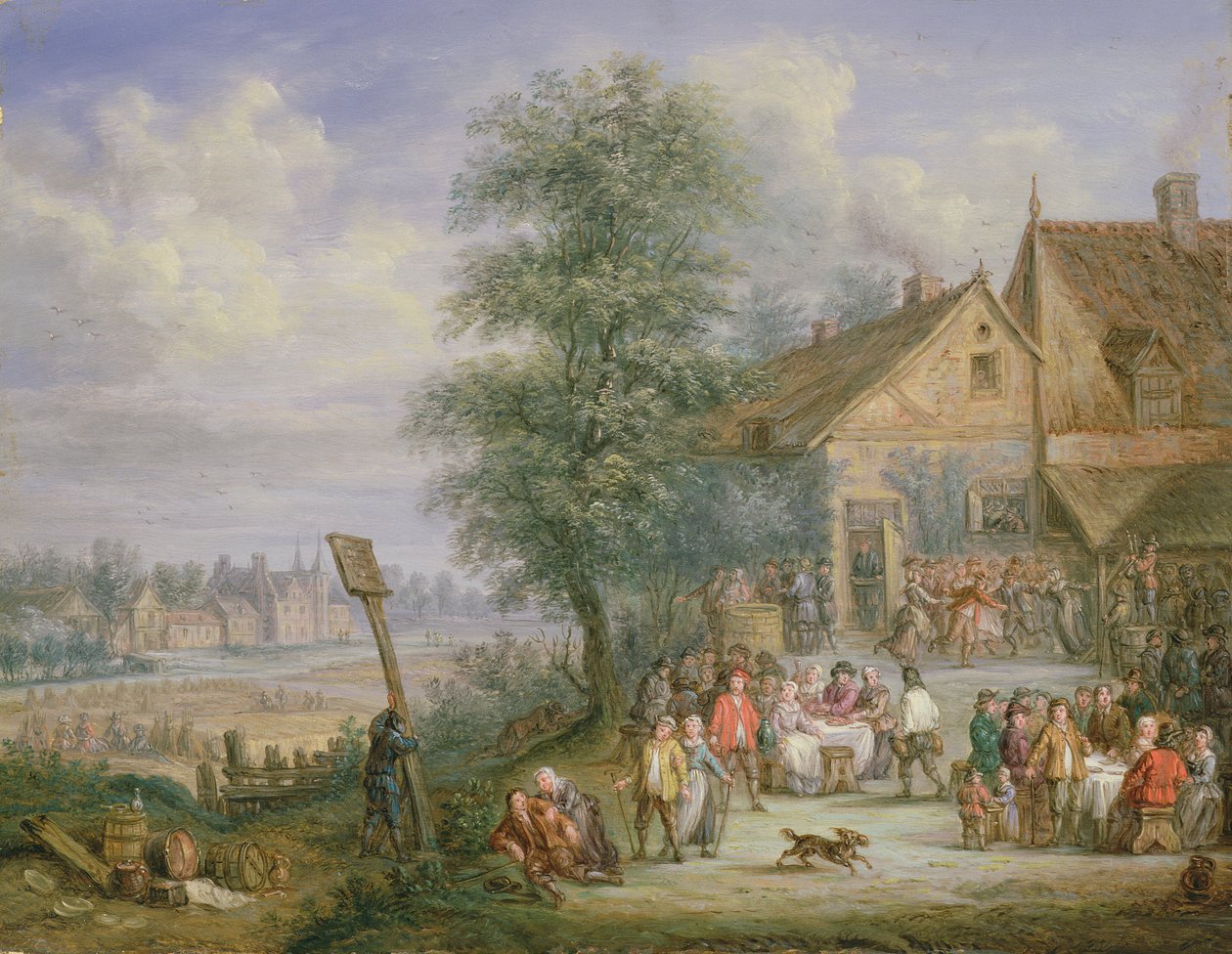 En fest vid skördetid med Drij Torens hus i bakgrunden (se 332885 för par) av Angel Alexio Michaut