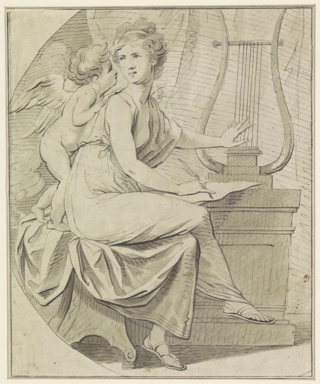 Amor inspirerar en ung kvinna som klumpar på en lira med ena handen och skriver med den andra av Angelica Kauffmann