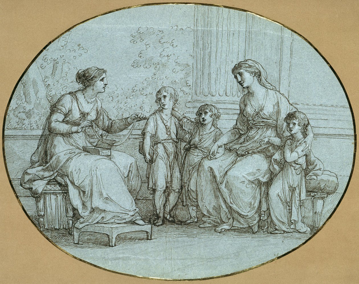 Cornelia, gracchernas mor, sitter (till höger) mitt emot en rik romersk kvinna, för vilken hon visar sina tre barn som sin dyrbaraste ägodel av Angelica Kauffmann