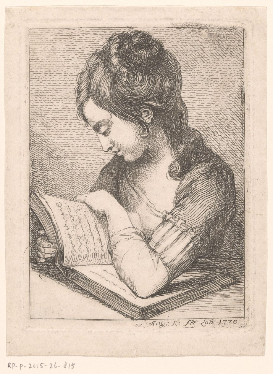 Ung kvinna som läser vid ett bord och vilar armbågen på en bok av Angelica Kauffmann
