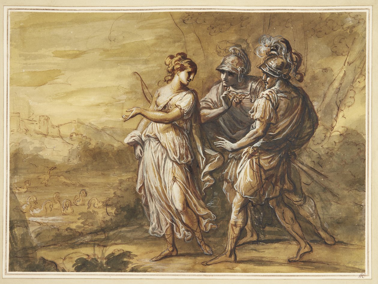 Mytologisk scen. Ung kvinna med pilbåge vänd mot två beväpnade män av Angelica Kauffmann