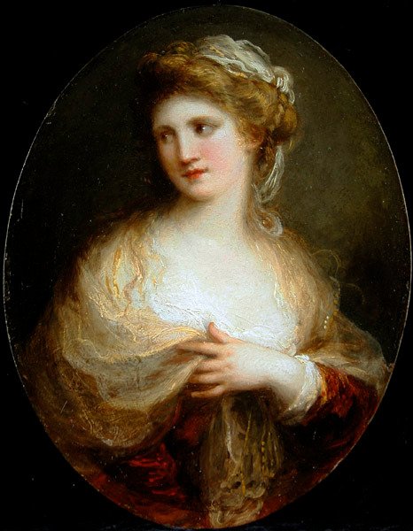 Porträtt av en dam som bär en gul sjal (olja på koppar) av Angelica Kauffmann