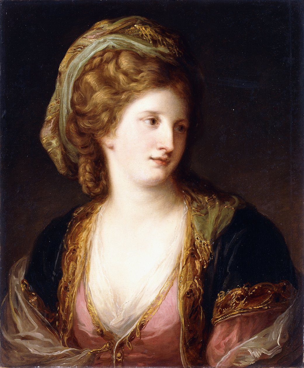 Porträtt av konstnären, bystlängd, iklädd en rosa klänning och en guldbroderad blå dräkt, 1767 av Angelica Kauffmann