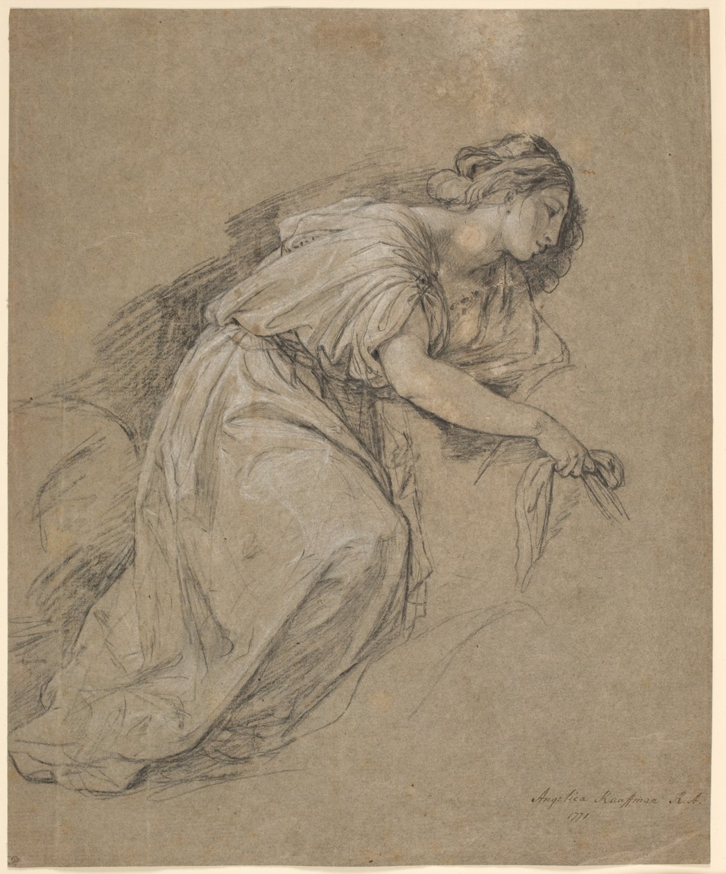 Studie från livet av en knästående kvinna i profil av Angelica Kauffmann