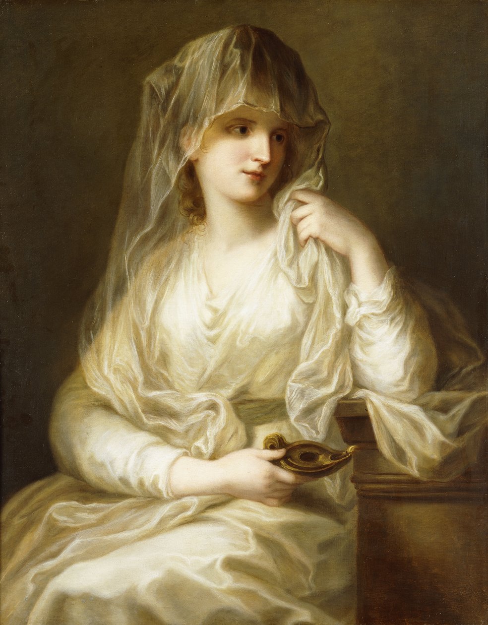 Tuccia, den vestialiska jungfrun, tre fjärdedels lång, håller en lampa, av Angelica Kauffmann