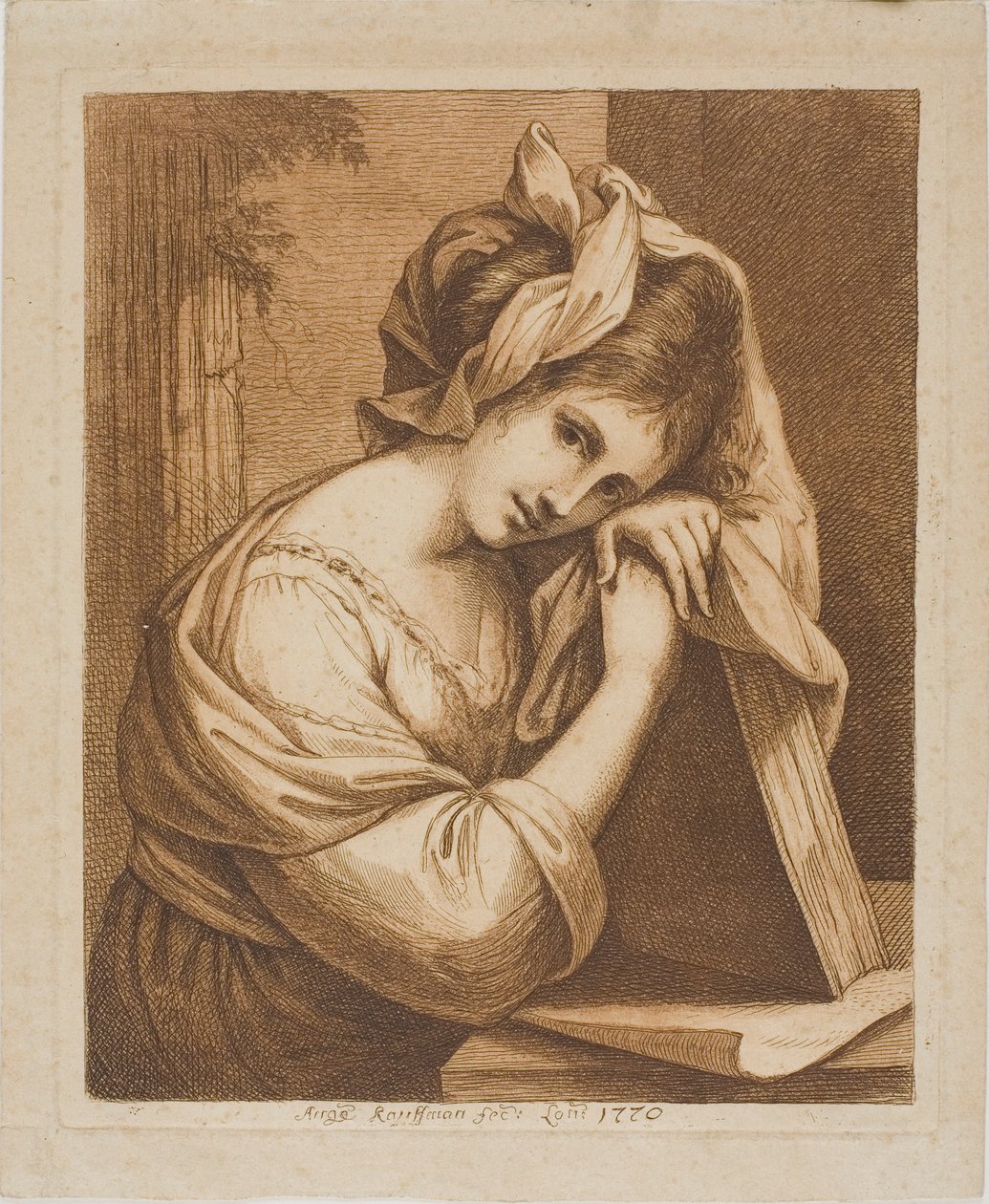 Kvinna som vilar huvudet på en bok av Angelica Kauffmann