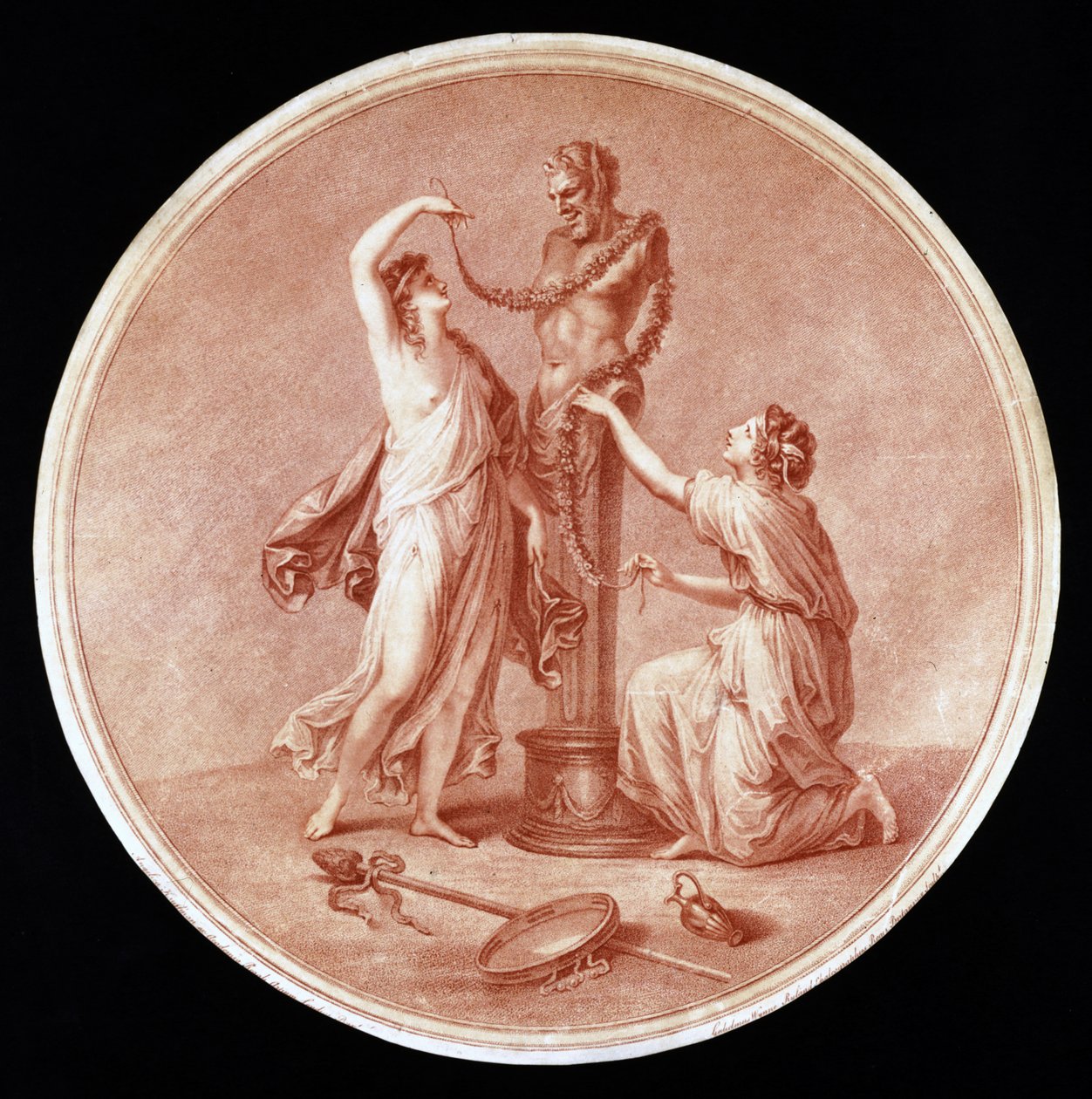Nymfer som pryder en staty av Pan, graverad av William Wynne Ryland (1732-83) 1776 (röd stipplegravyr) av Angelica after Kauffmann