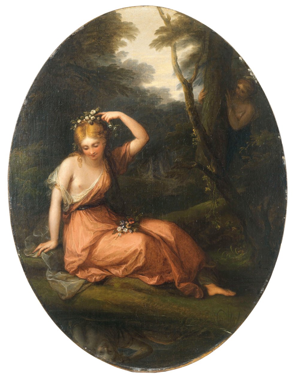Silvia, dekorerade sig själv med blommor medan hon observerades av Daphne, 1783. av Angelica Kauffmann