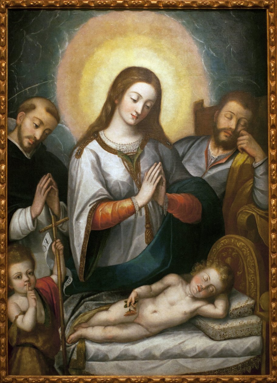 Den heliga familjen med Sankt Johannes Döparen och Sankt Dominikus. Målning av Angelino Medoro (1576-1633), olja på duk av Angelino Medoro