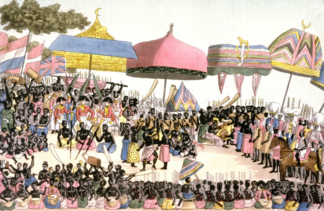 Engelska ambassaden i Elfenbenskusten, ca 1820 (gravyr) av Angelo (after) Biasioli