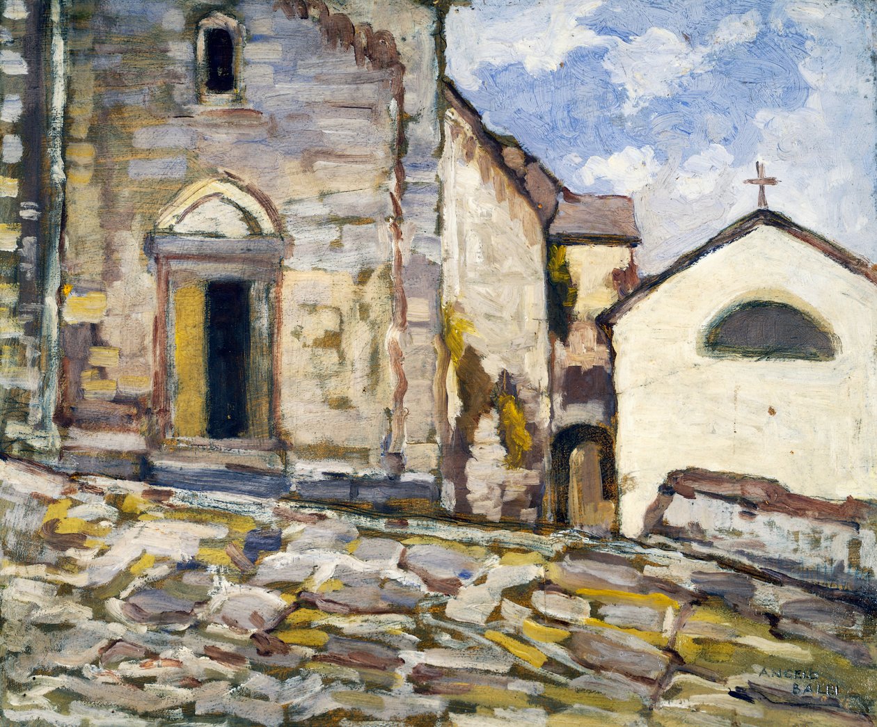 Fasad av en kyrka, av Angelo Balbi (1872-1939). Italien, 1900-talet. av Angelo Balbi