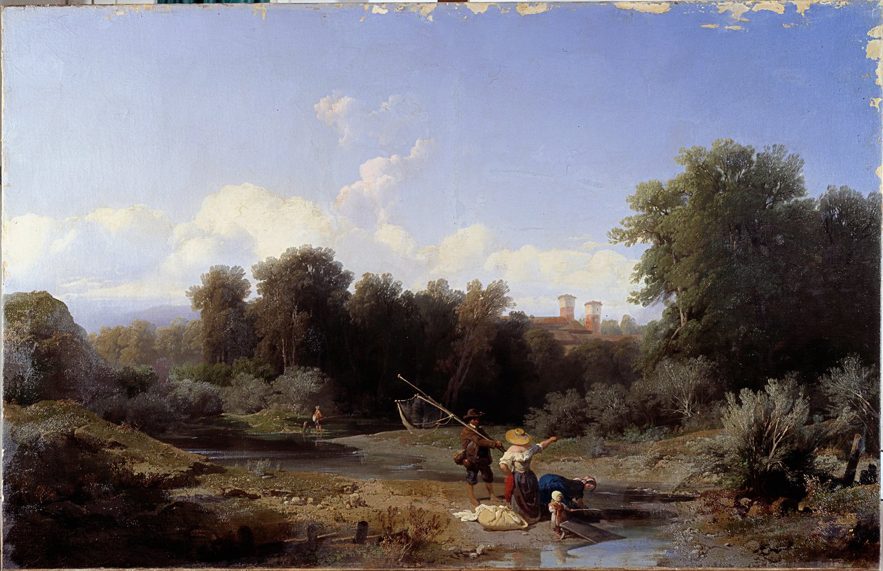 Landskap eller "" Fiske"" (Fiske i en flod) Målning av Angelo Beccaria (1820-1897) 1855 Dim 94x146 cm Genes, Galleria d