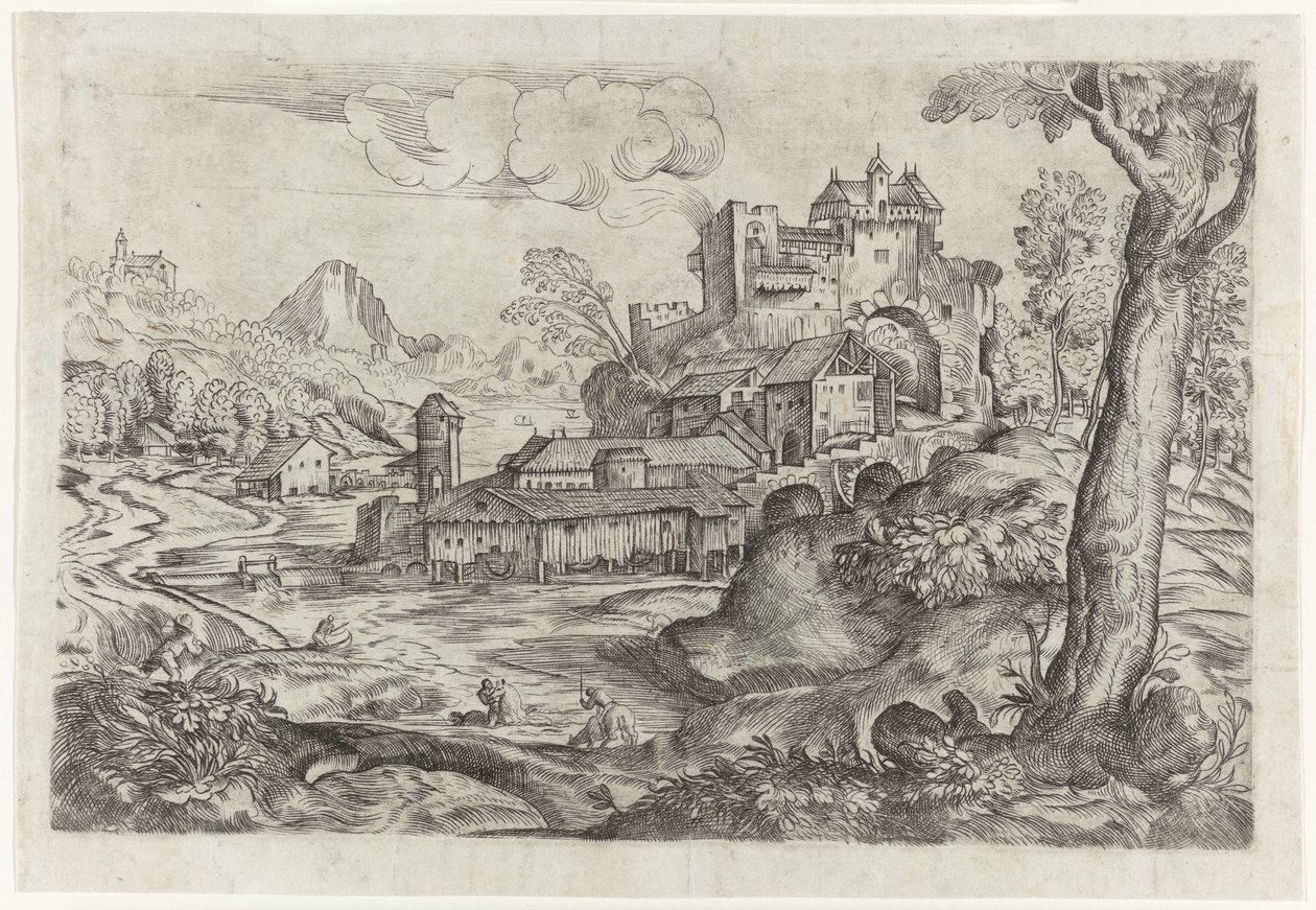 Landskap med flod och slott av Angelo Falconetto (attributed to)