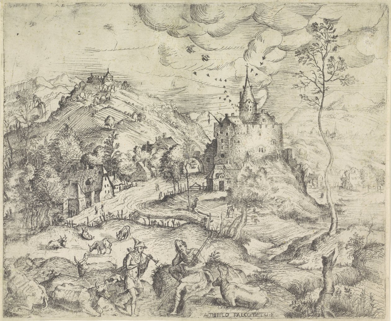 Landskap med Merkurius som stjäl Apollos flock av Angelo Falconetto