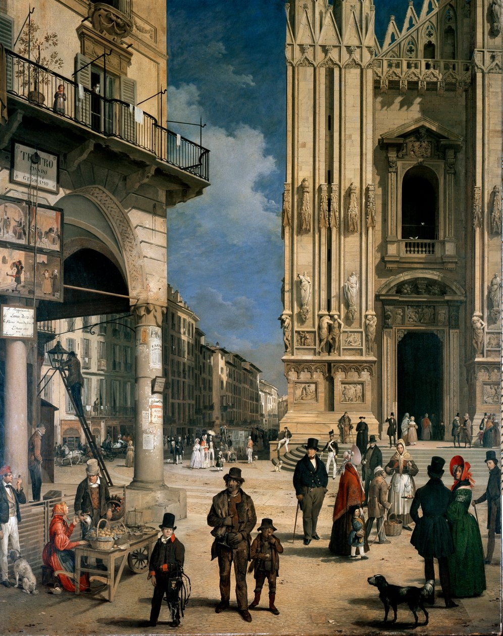 Marche de Figini i Milano (Piazza del Duomo med ett hörn av Coperto dei Figini) Detalj av Angelo Inganni