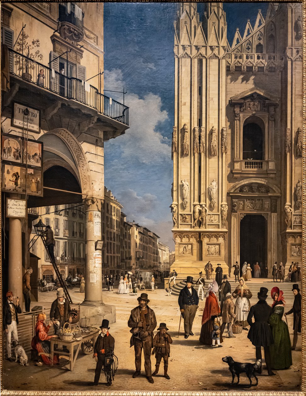 Utsikt över Duomo med Coperto av Figini av Angelo Inganni