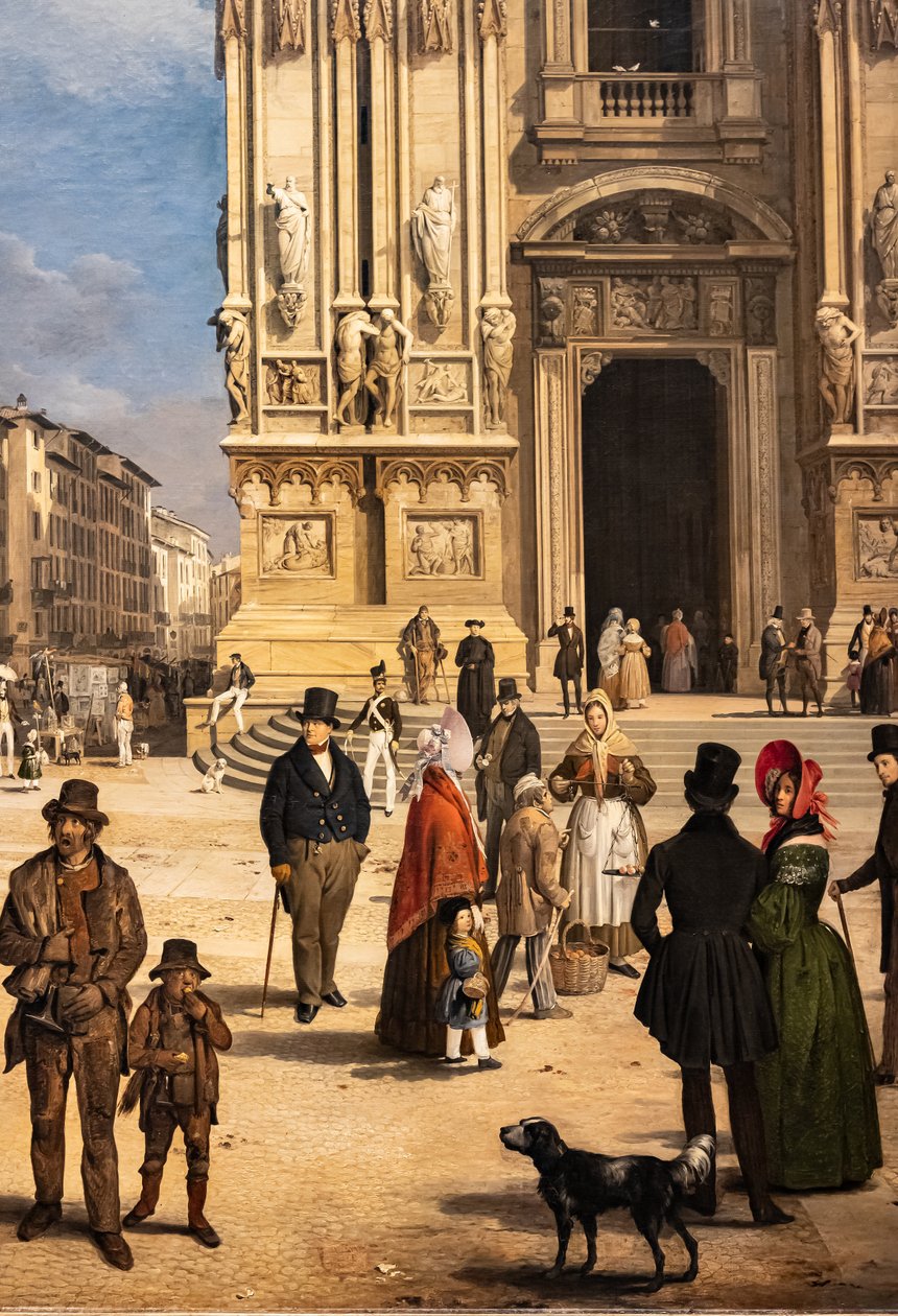Vy över Duomo med Coperto av Figini, detalj av Angelo Inganni