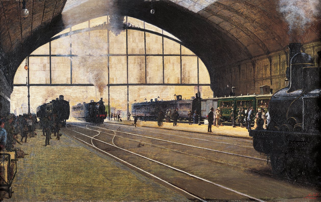 Centralstationen, Milano av Angelo Morbelli (1853-1919) Olja på duk av Angelo Morbelli
