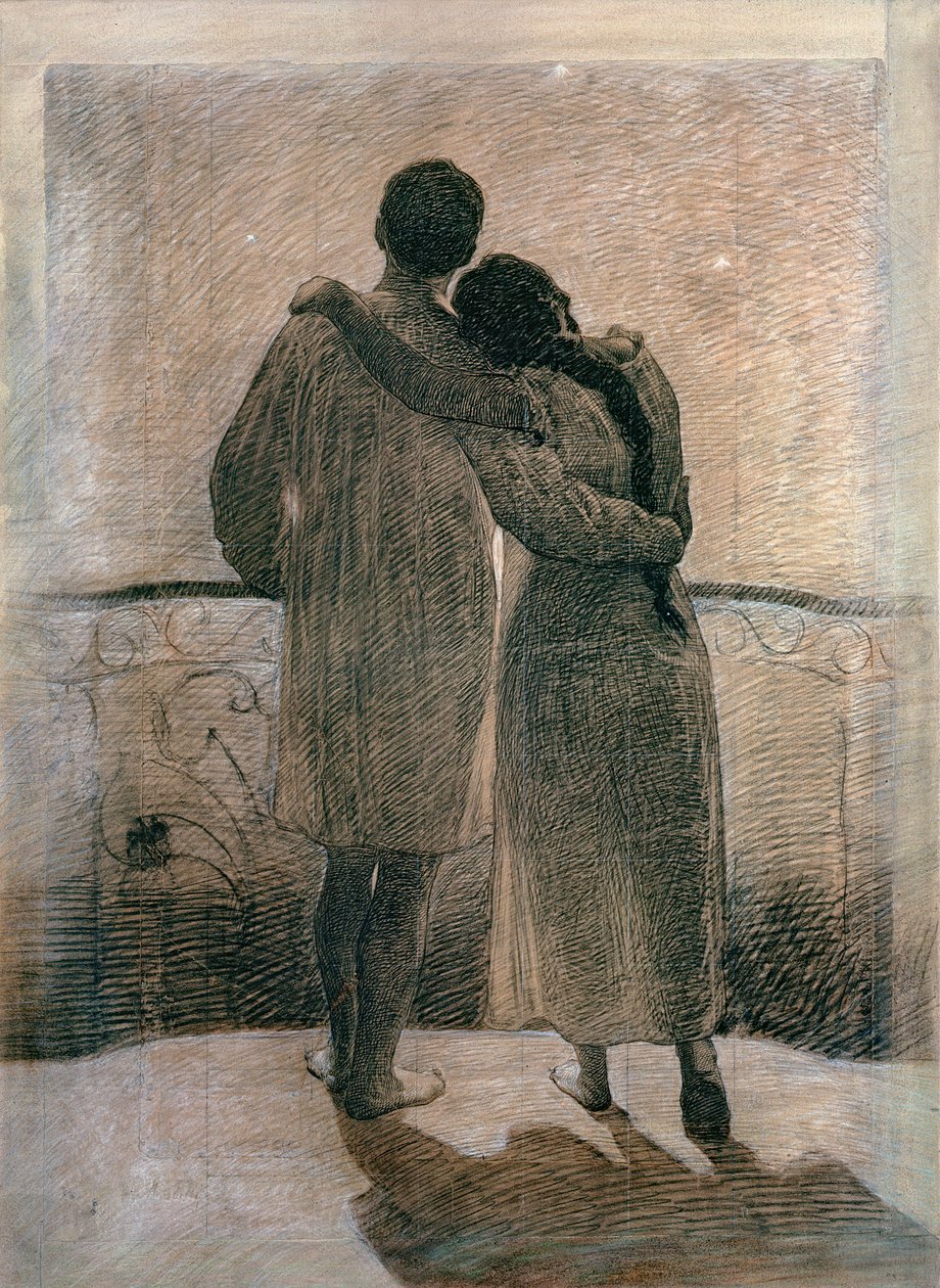 Ungt par, central panel från Dream and Reality Triptych, 1905 (penna och kol på papper) av Angelo Morbelli