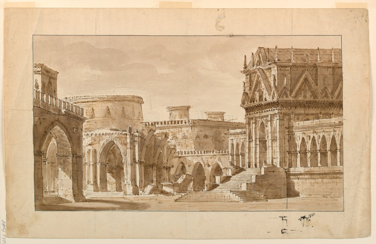 Scenografi, gotiskt palats, kyrka och fästning av Angelo Toselli