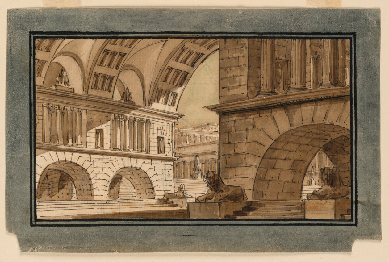 Scendesign, grupp av tempelbyggnader av Angelo Toselli