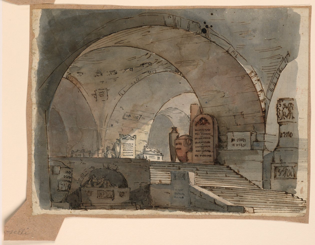 Scendesign, underjordiskt välvt utrymme med gravar av Angelo Toselli