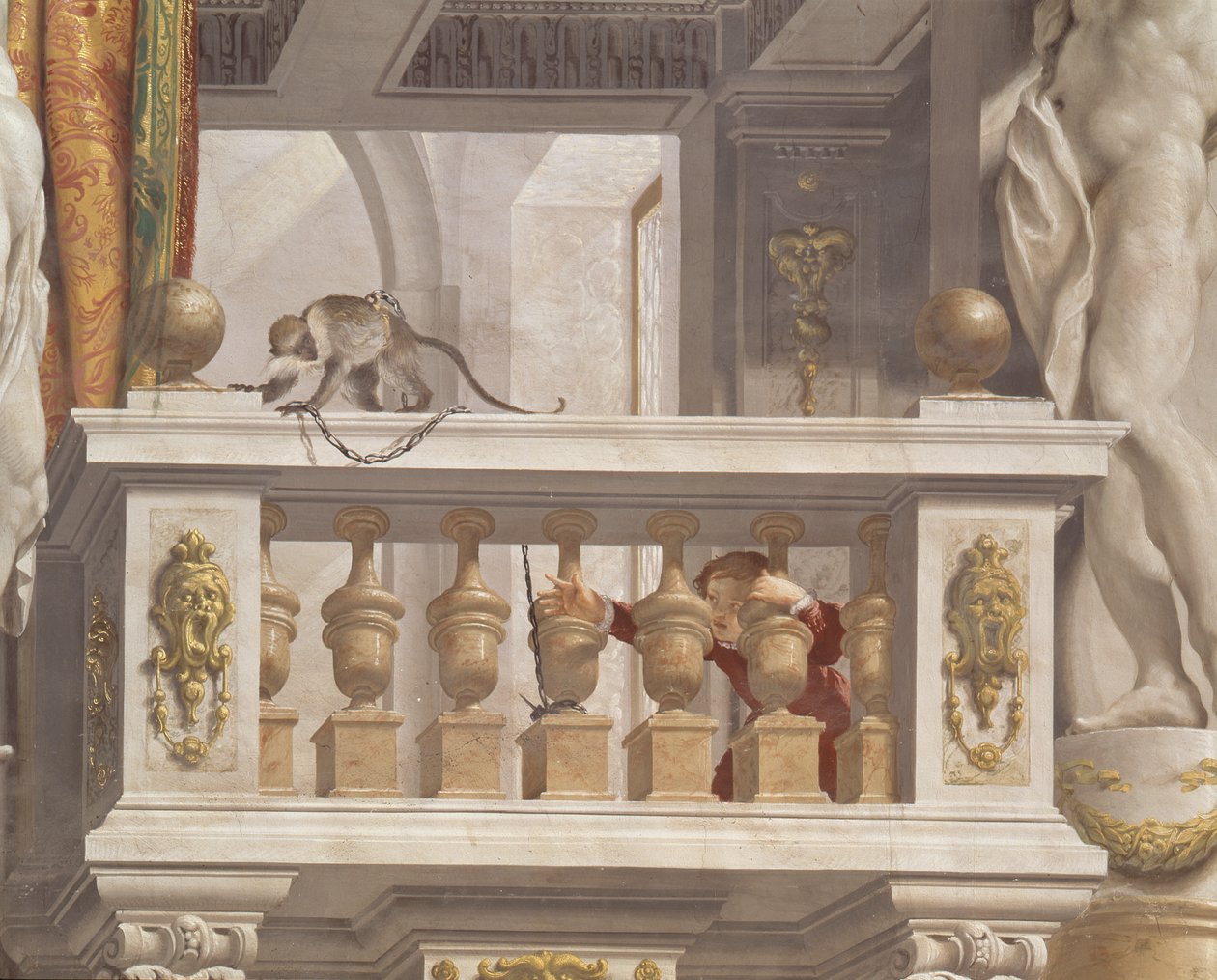Storhertigens mottagningsrum, takdetalj föreställande en apa och en ung pojke på en balustrad, 1638-44 av Angelo and Mitelli Colonna