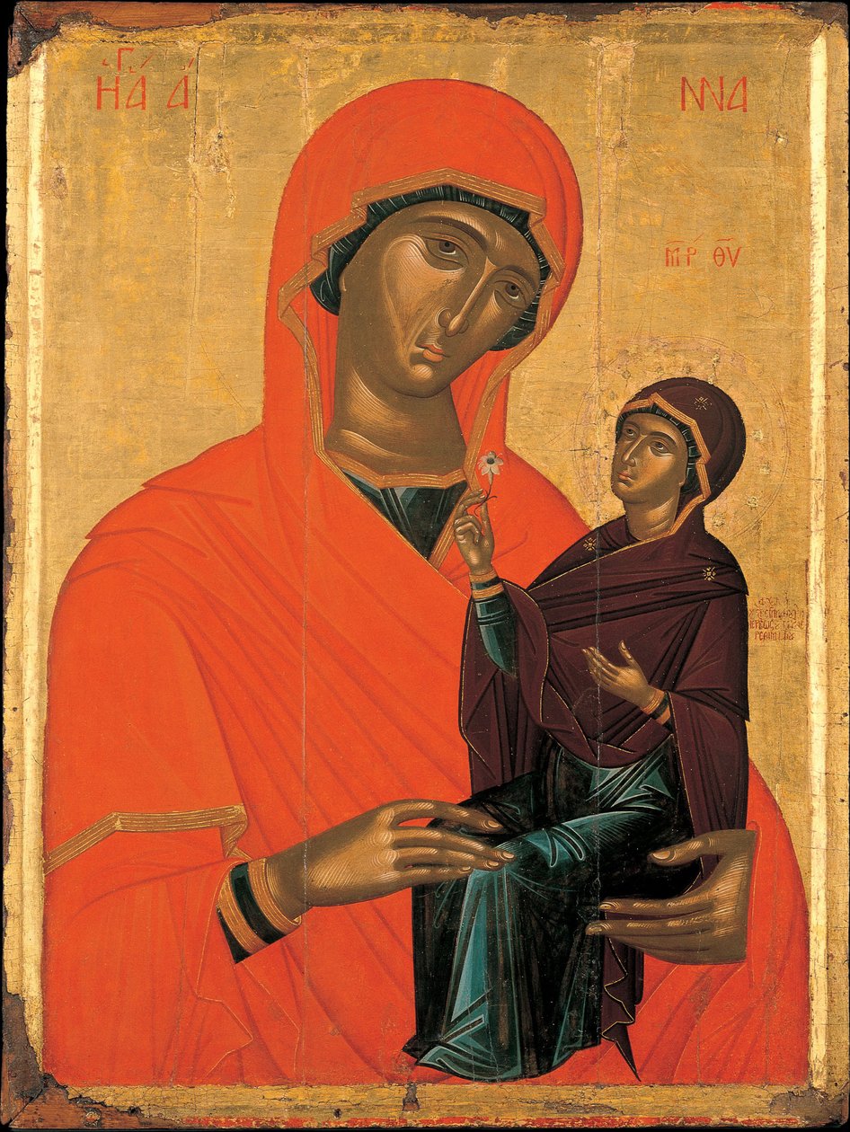 Akotandos, Angelos (aktiv ca 1425-1460) Saint Anne med Jungfrutemperan på panel ca 1440-1460 Benaki Museum, Aten 106x76 av Angelos Akotantos
