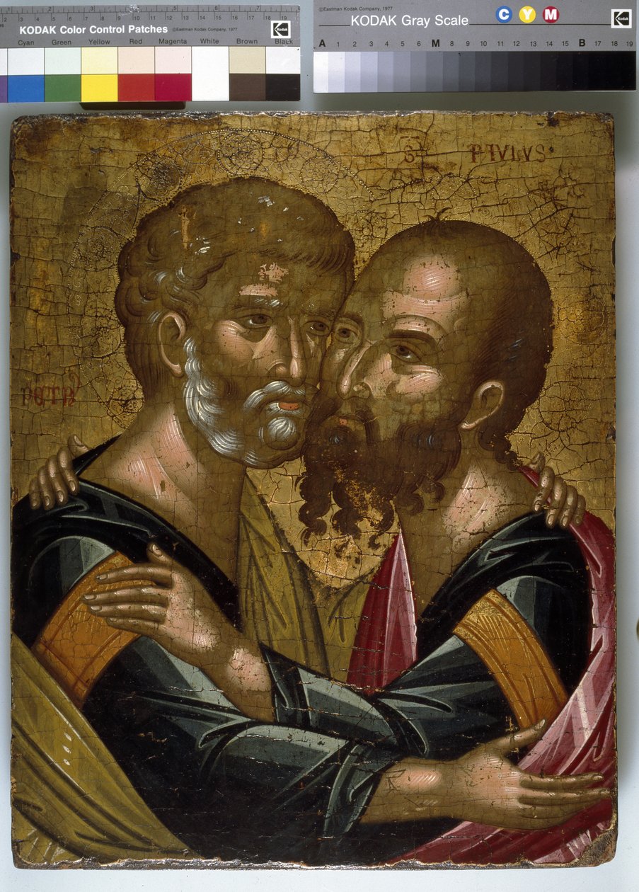Ikon för apostlarna Petrus och Paulus omfamning (olja på duk på panel) av Angelos Akotantos