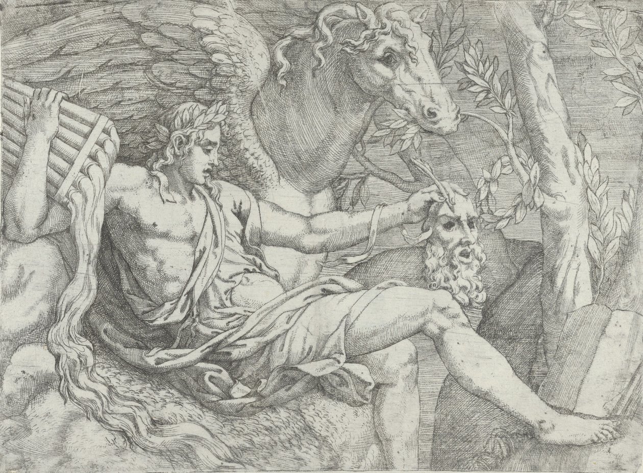 Apollo håller pipor i sin högra hand tillsammans med Pegasus, 1556-60. av Angiolo Falconetto