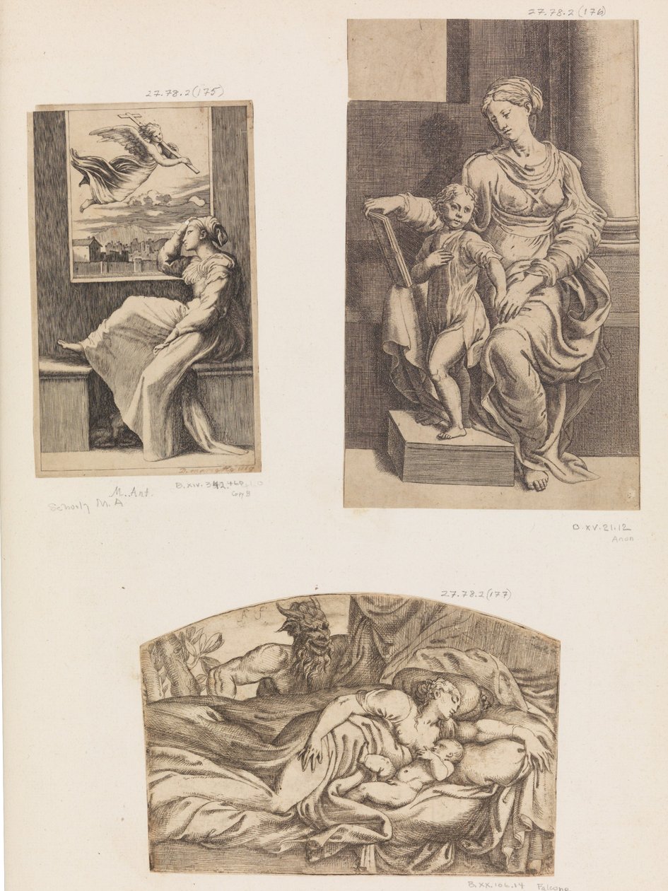Kvinna och ängel, Jungfru och Barn, Satyr tittar på en ung mor och ett barn som sover, 1555-1567. av Angiolo Falconetto