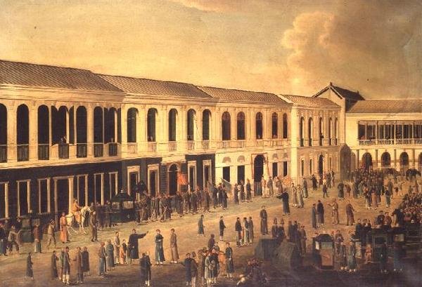 En vy av Hongs vid vattnet i Canton, c.1825 av Anglo Chinese School