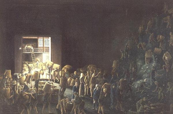 Fyllning av tekistor; och tetillverkning i den första processen, c.1820 (en i ett par) c.1820 av Anglo Chinese School