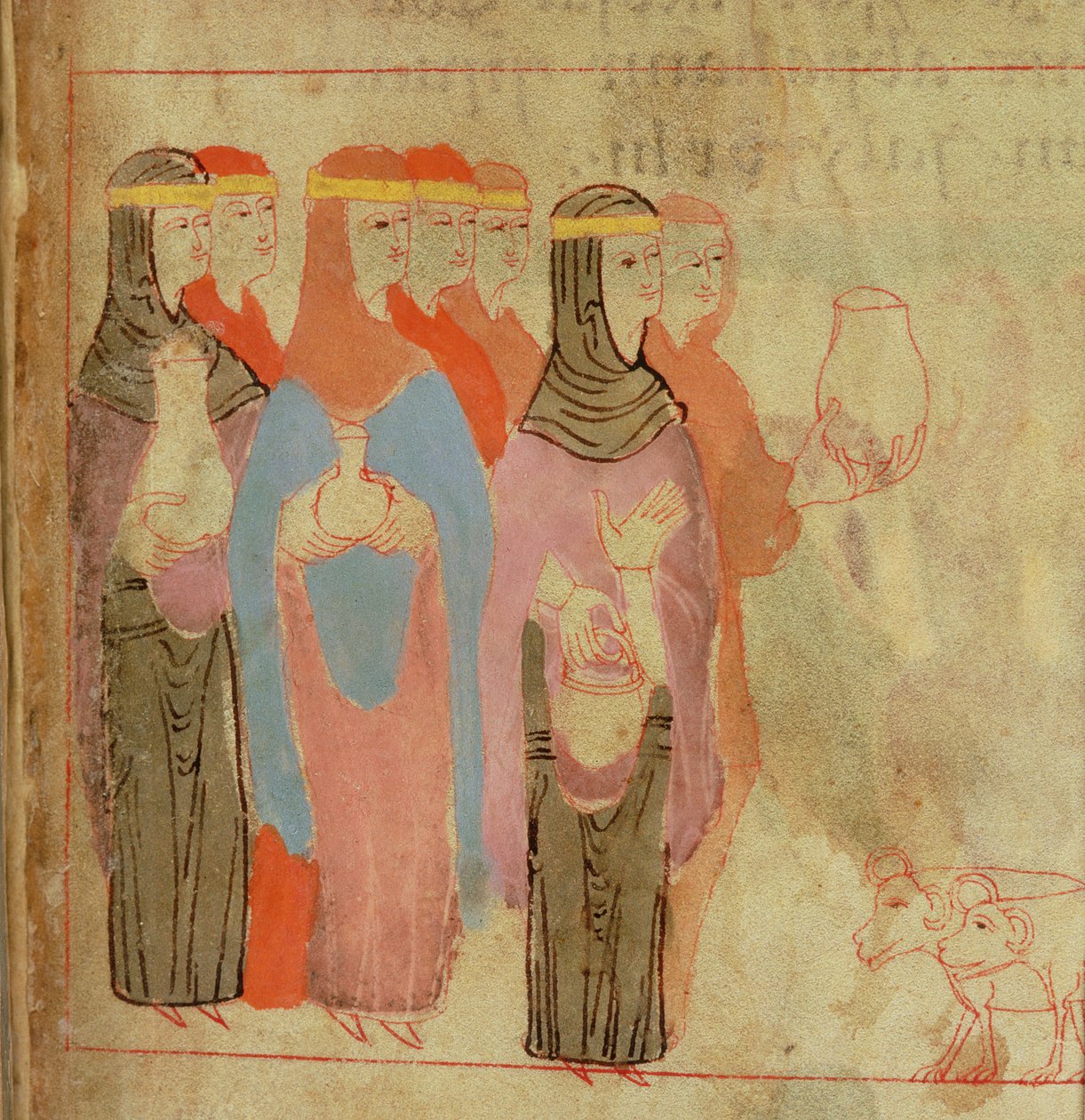 Cott Claud B IV f.76 Kvinnor som bär guldpannband, från Aelfric Pentateuch, från St. Augustine