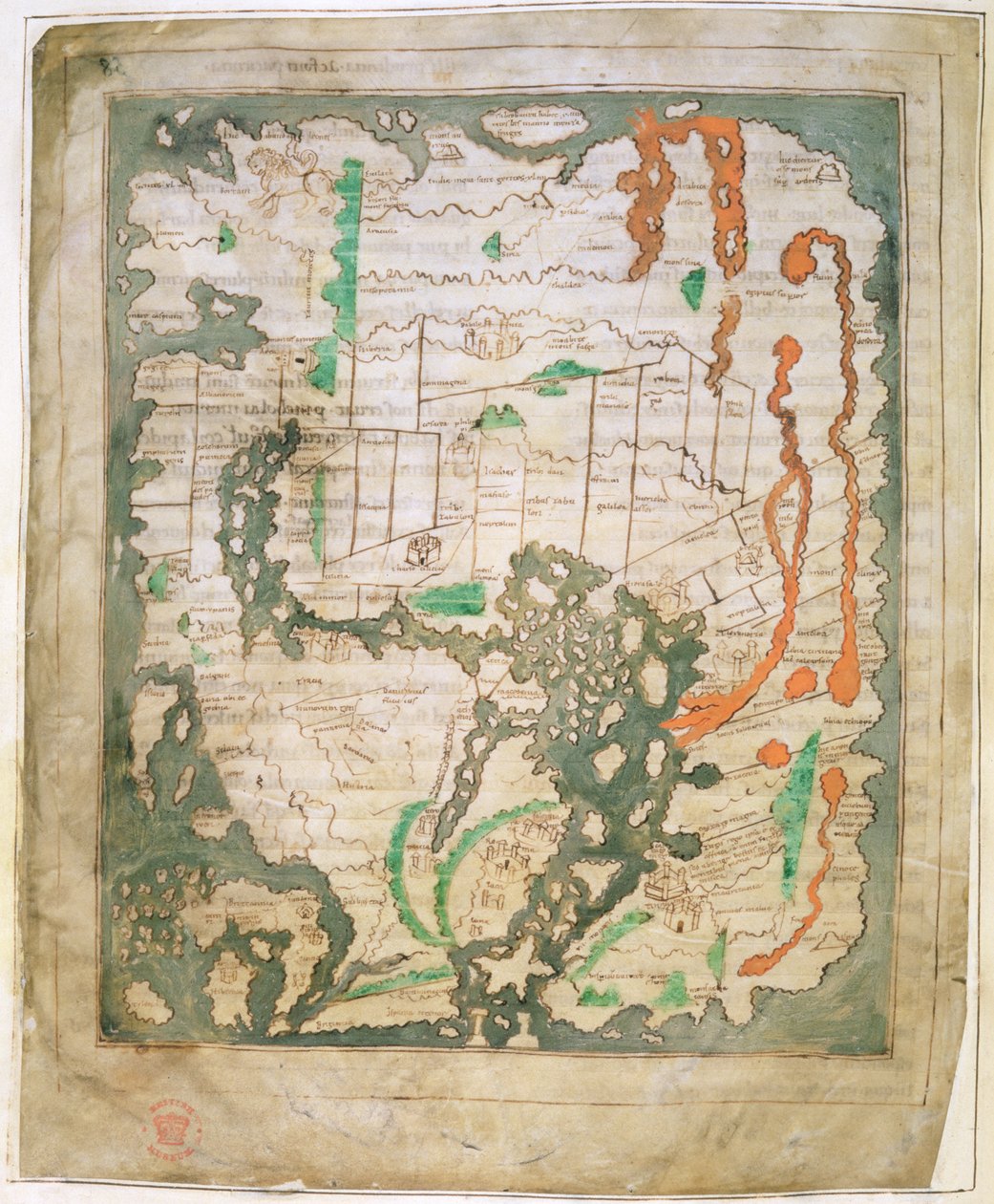Cott Tib B V Del 1 f.56v Rektangulär karta över världen, c.1030 (vellum) av Anglo Saxon