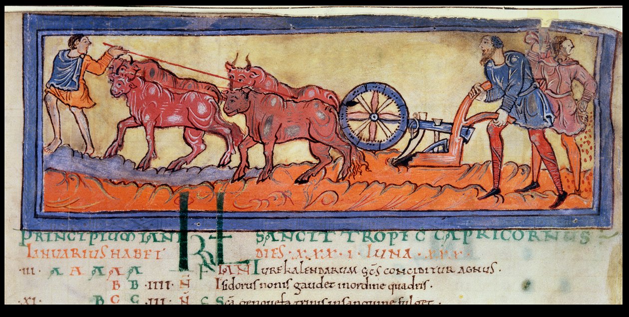 Cott Tib B V f.3 Plöjning, från en kalender, ca 1030 (vellum) av Anglo Saxon
