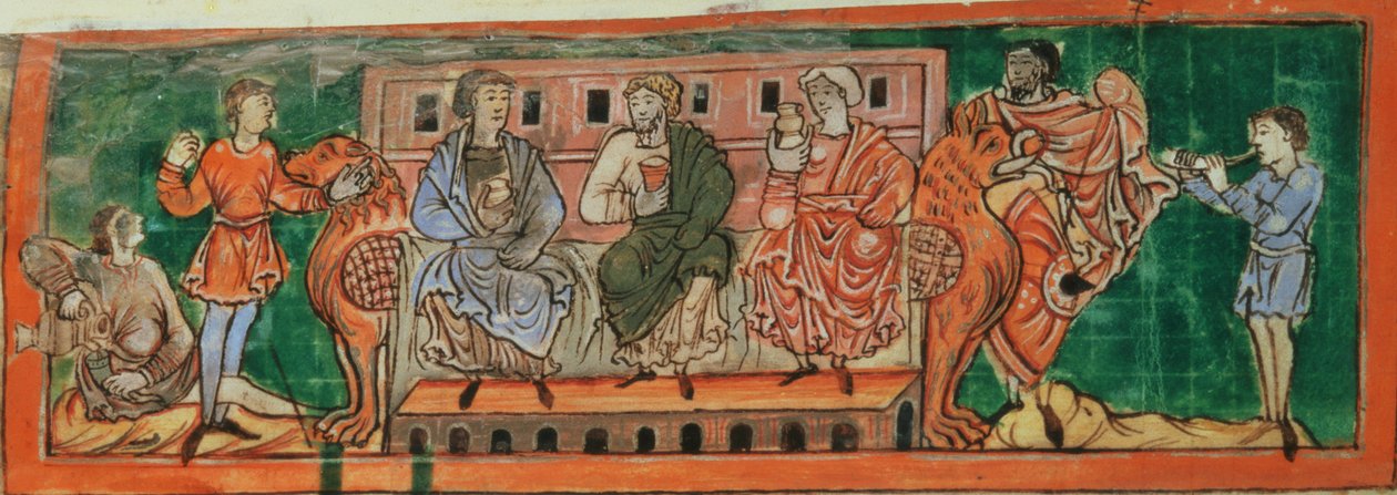 Cott Tib B V f.4v Aristocrats, på aftonen till Domesday, från en kalender, c.1030 (vellum) av Anglo Saxon