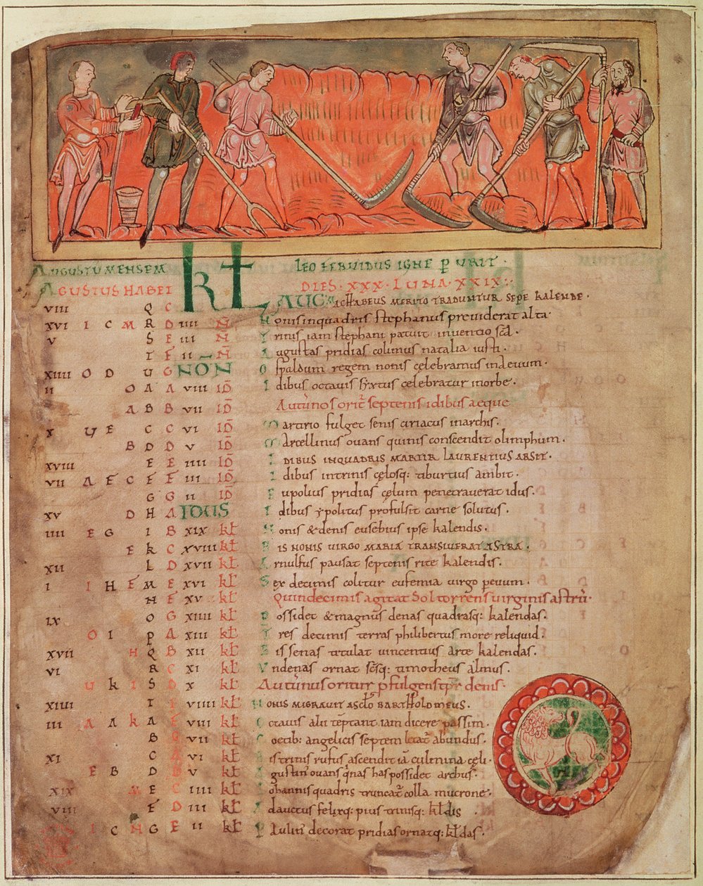 Cott Tib B V f.6v Harvesting, from a Calendar, c.1030 (vellum) (för detaljer se 61654) av Anglo Saxon