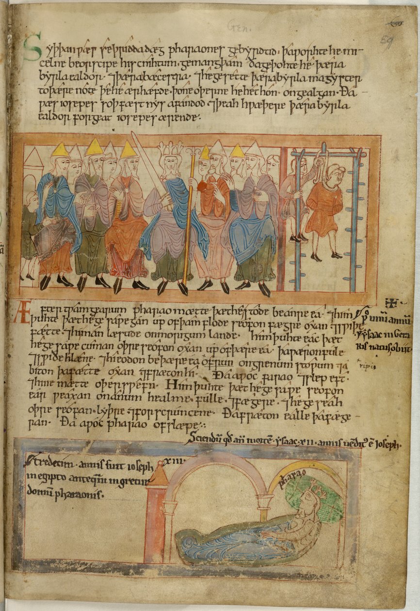 Bomull Claudius B. IV, f.59 Farao låter hänga sin chefsbagare, vellum av Anglo Saxon