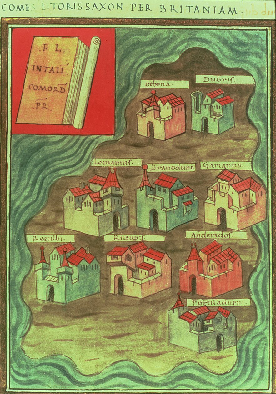 "Comes Litoris Saxon Per Britaniam", anglosaxisk karta, ca 950 e.Kr (tryck) av Anglo Saxon Anglo Saxon
