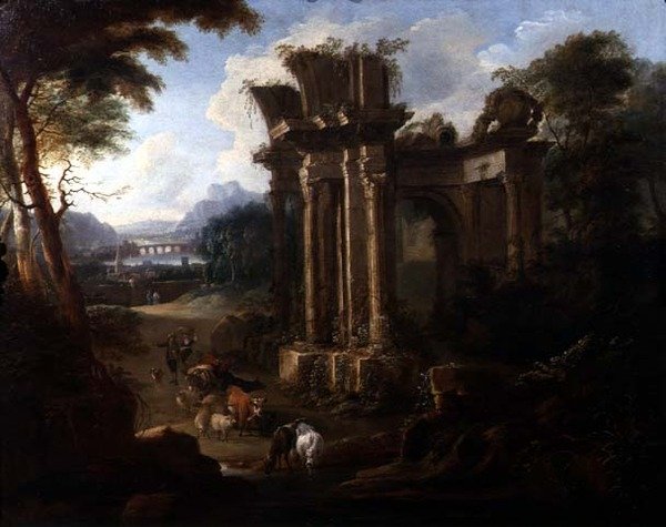 Klassiskt landskap med en koherde som vattnar sin boskap, ca 1720 (olja på duk) av Anglo Flemish School