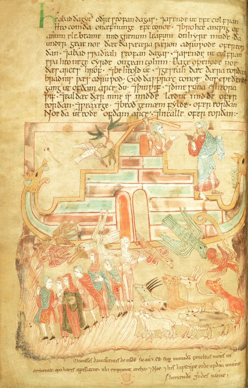 Cott Claud B IV f.15v Noah och familj lämnar arken, från Aelfric Pentateuch, från St. Augustine