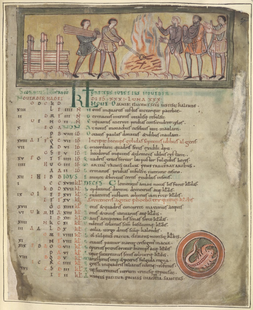Cotton Tiberius B. V. Del 1 f.8 Uppvärmning och smedja, november från en kalender, Winchester (?) andra kvartalet av 1000-talet (vellum) av Anglo Saxon